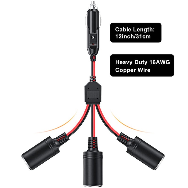 ELECTOP 1 to 3 Car Cigarette Lighter Socket Splitter Adapter Power Charger Port, 12V 24V Car Power Splitter 3-Way Plug Outlet Adapter, 12inch Cigarette Lighter Extension Cord Cable 16AWG with 15A Fuse - Image 4